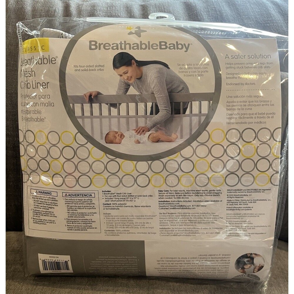 Breathable Baby Mesh Crib Liner Classic Gray. 4-sided Slatted Solid Back Cribs